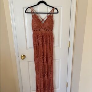 Elegant Lace Maxi Dress in Rust